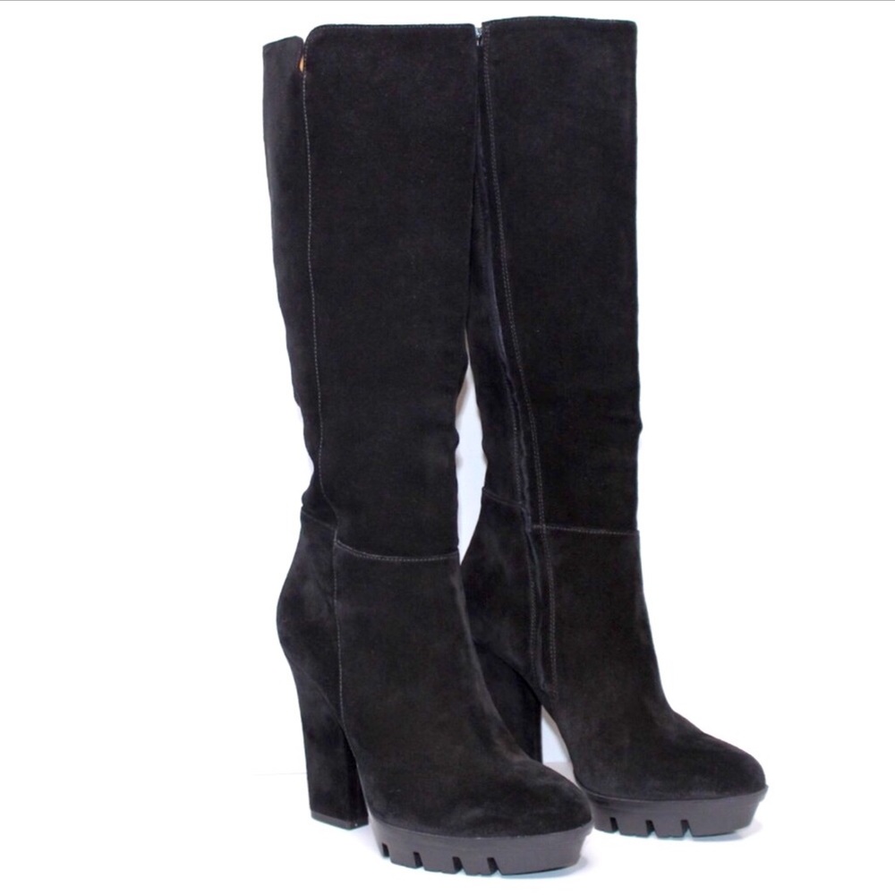 Alberto Fermani Black Suede Leather Knee-High Platform Heeled Boots Size 10